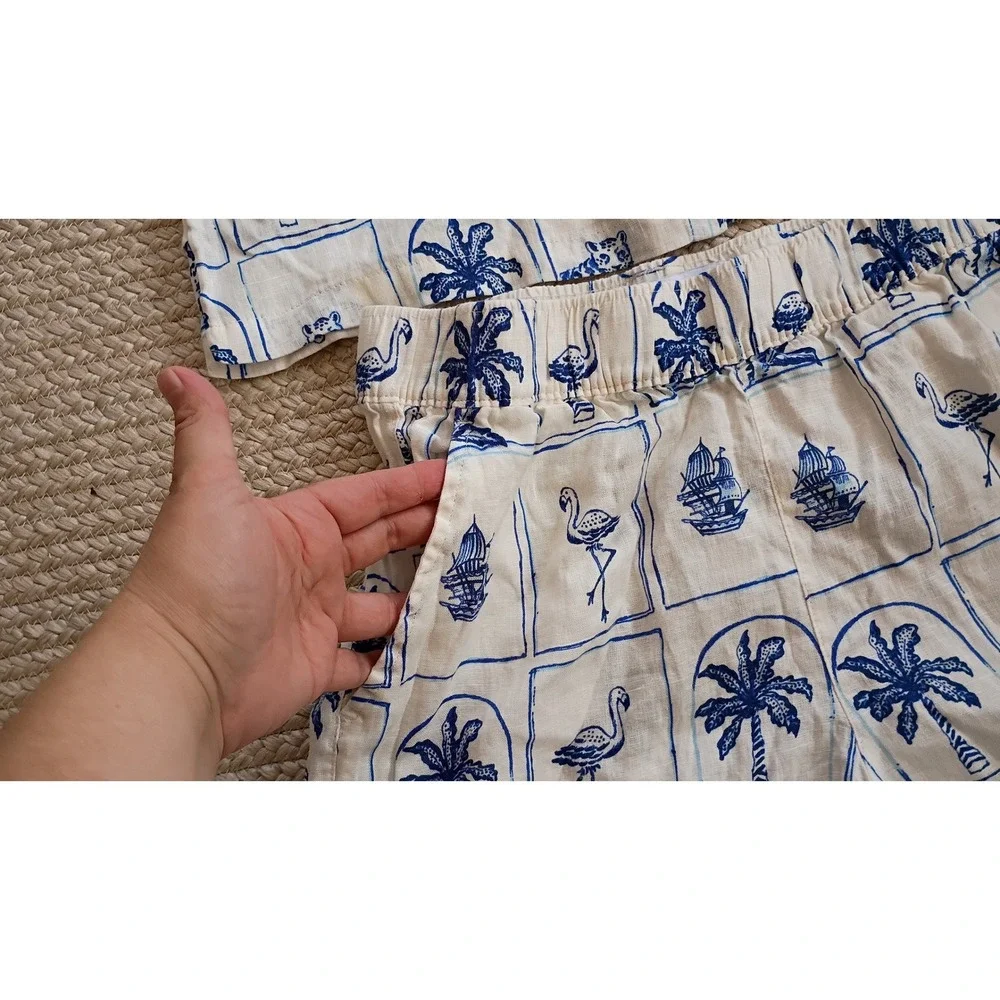 C&C California Linen Matching Set Shirt Shorts Blue White Flamingo Tropical SZ S